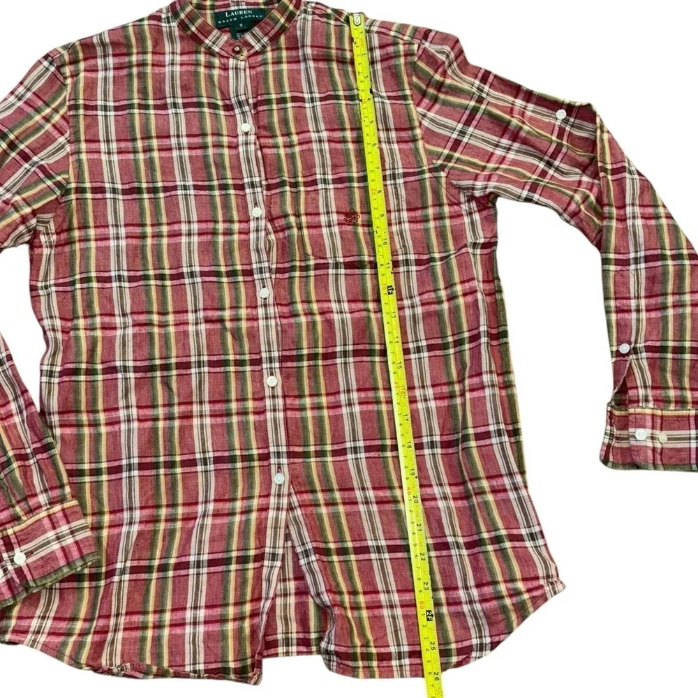 Lauren Ralph Lauren 100% Linen Plaid Collarless Button Down Blouse Women’s S